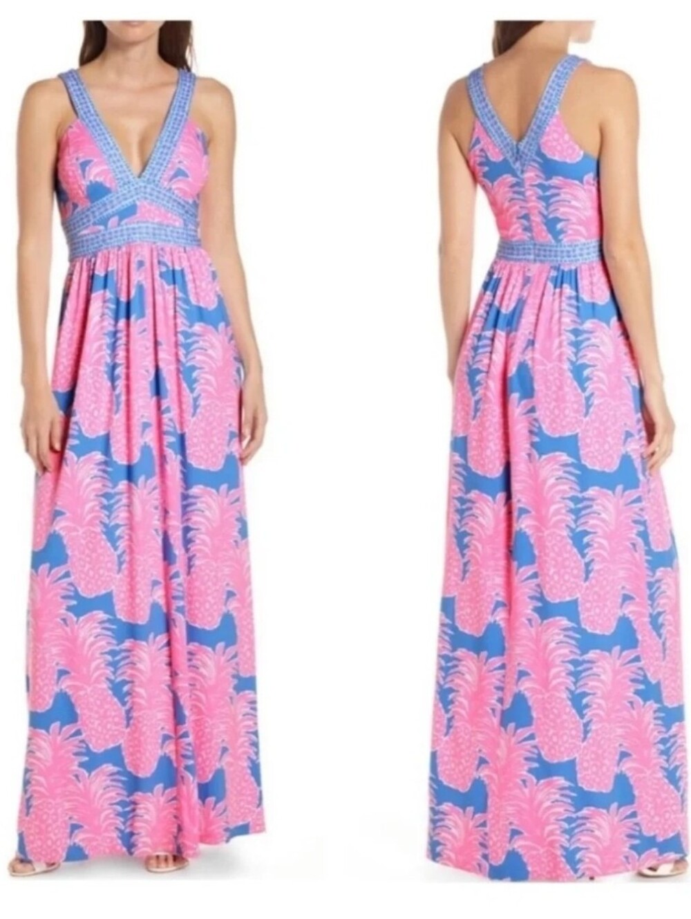 🍍 Lilly Pulitzer Taryn Maxi Dress Blue Haven Little Flamenco Pineapple Print